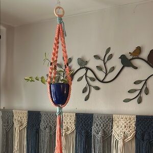 Handmade Macramé Plant Hanger with Blue Pot